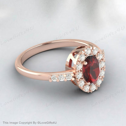 Oval Shape Red Garnet Moissanite Halo Art Deco Engagement Ring