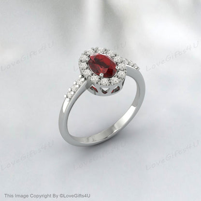 Oval Shape Red Garnet Moissanite Halo Art Deco Engagement Ring