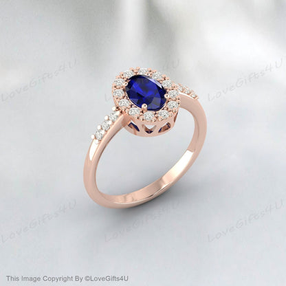 Oval Cut Lab Sapphire Engagement Ring Diamond Vintage Wedding Ring