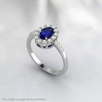 Oval Cut Lab Sapphire Engagement Ring Diamond Vintage Wedding Ring