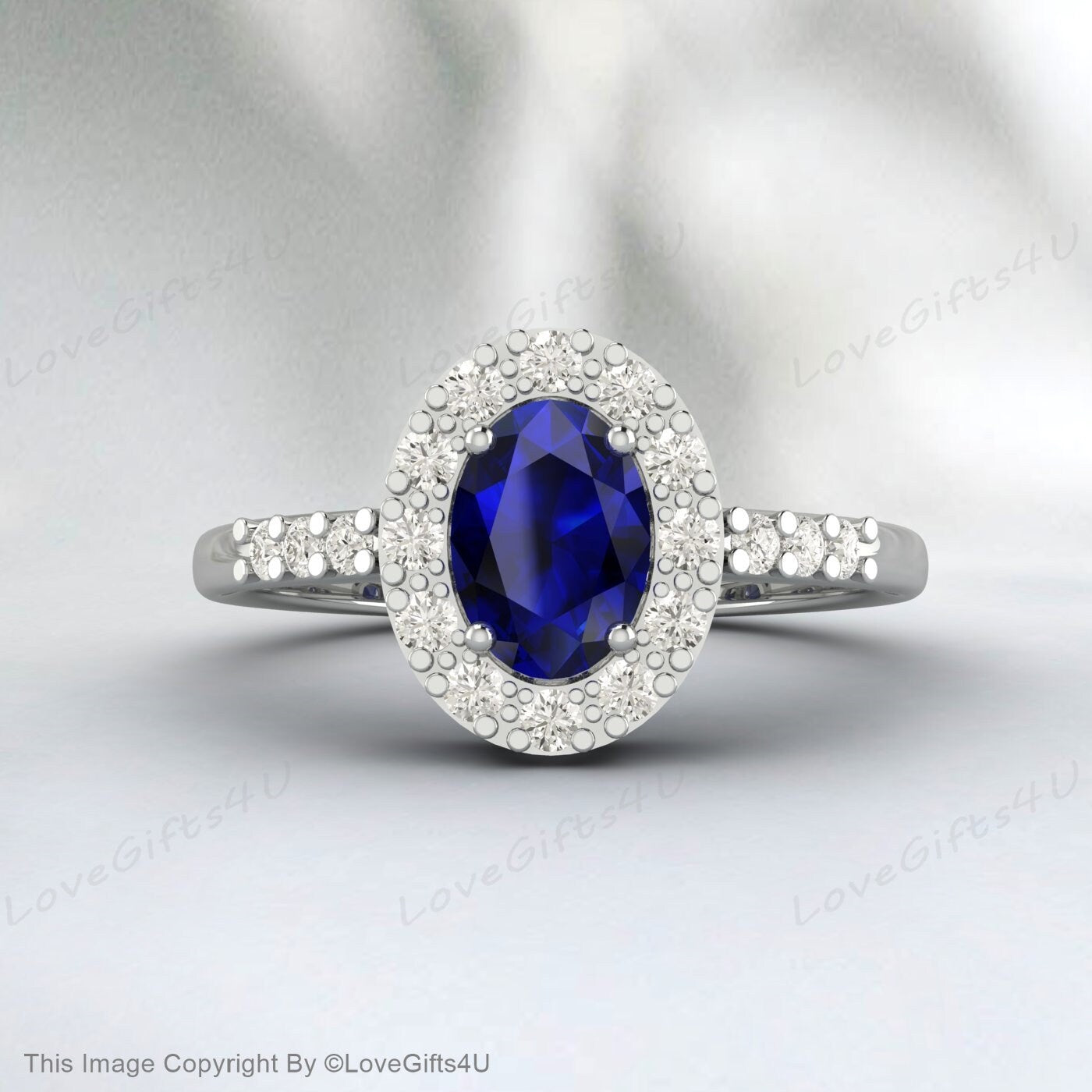 Oval Cut Lab Sapphire Engagement Ring Diamond Vintage Wedding Ring