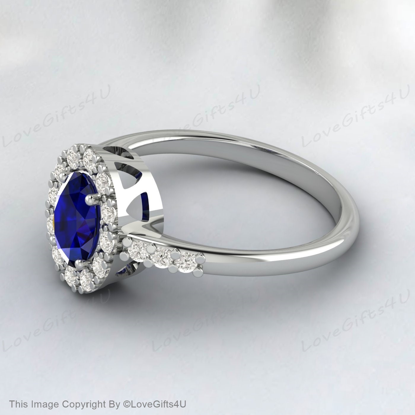 Oval Cut Lab Sapphire Engagement Ring Diamond Vintage Wedding Ring