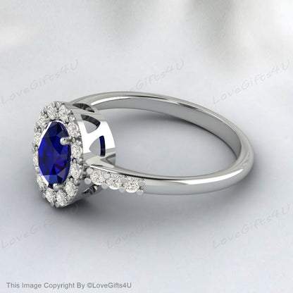 Oval Cut Lab Sapphire Engagement Ring Diamond Vintage Wedding Ring