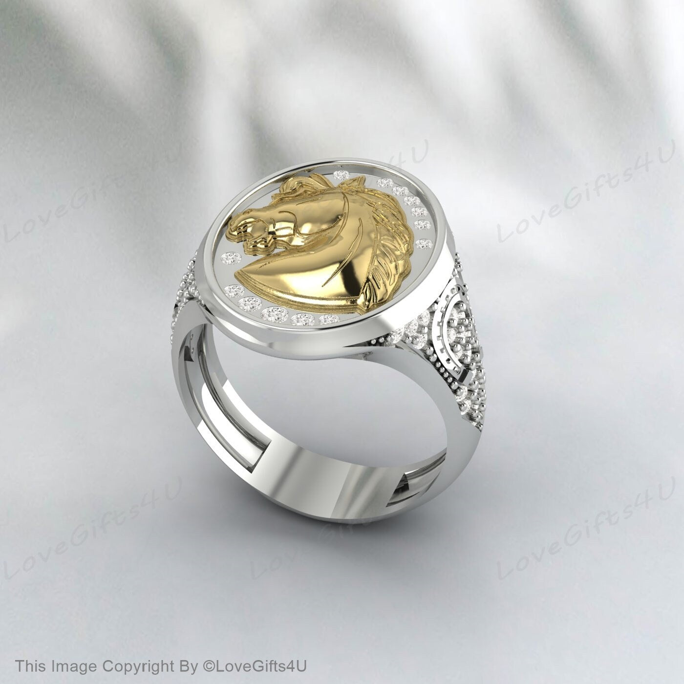 Horse Man Ring Silver Race Horse Signet Men Ring Equestrian Jewelry