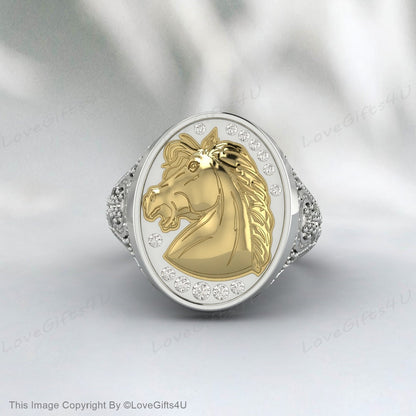 Horse Man Ring Silver Race Horse Signet Men Ring Equestrian Jewelry