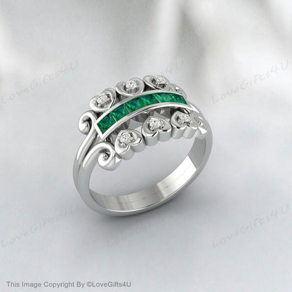 Princess Cut Emerald Wedding Ring Unique Wedding Band For Her Women