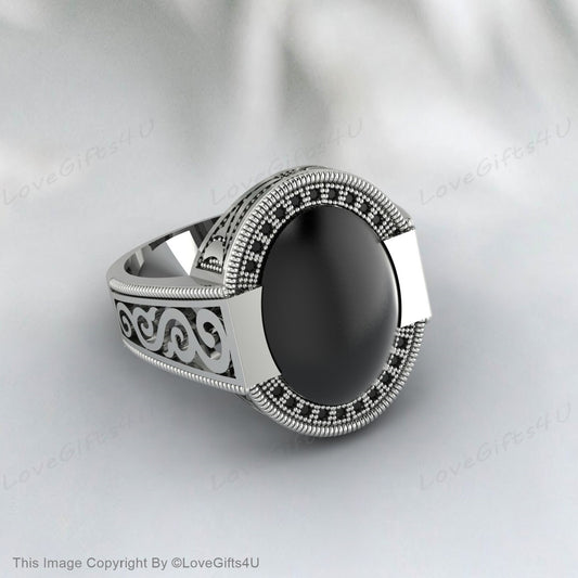 Black Onyx Men Ring Ottoman Style Embroidered Ring Gift For Him