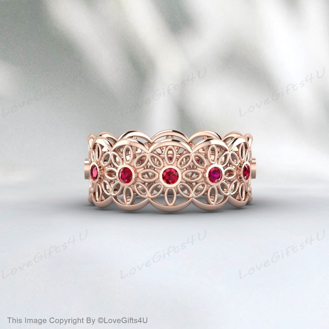 Red Ruby Eternity Band Ruby Lace Ring Ruby Flower Wedding Ring