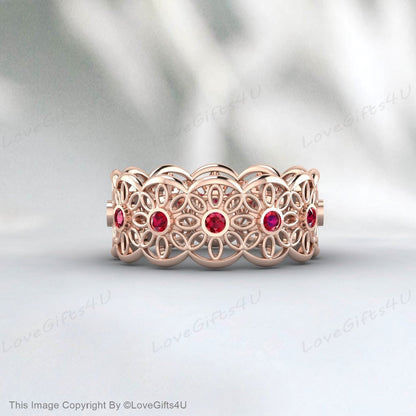 Bague d'éternité rubis rouge, bague en dentelle rubis, bague de mariage fleur rubis