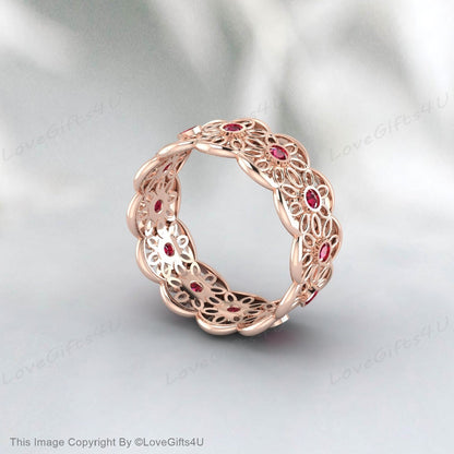 Bague d'éternité rubis rouge, bague en dentelle rubis, bague de mariage fleur rubis