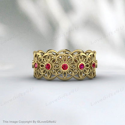 Bague d'éternité rubis rouge, bague en dentelle rubis, bague de mariage fleur rubis