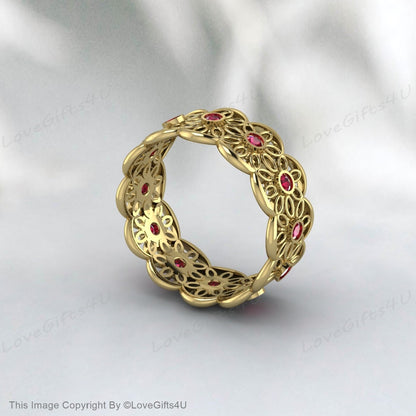 Bague d'éternité rubis rouge, bague en dentelle rubis, bague de mariage fleur rubis