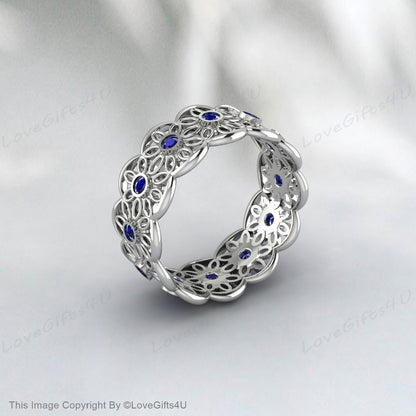 Sapphire Daisy Flower Wedding Band Silver Unique Engagement Ring