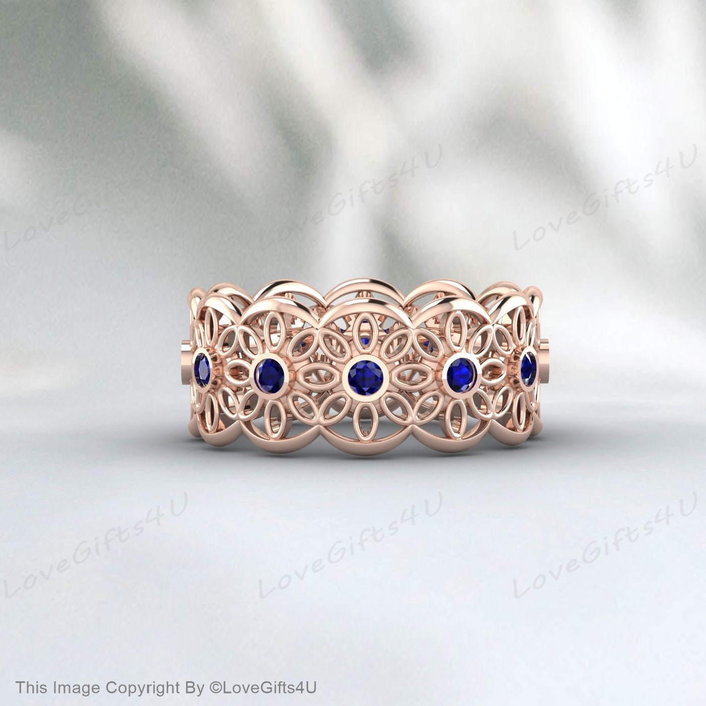 Sapphire Daisy Flower Wedding Band Silver Unique Engagement Ring