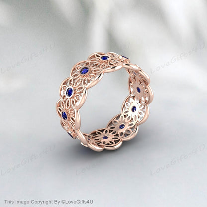 Sapphire Daisy Flower Wedding Band Silver Unique Engagement Ring