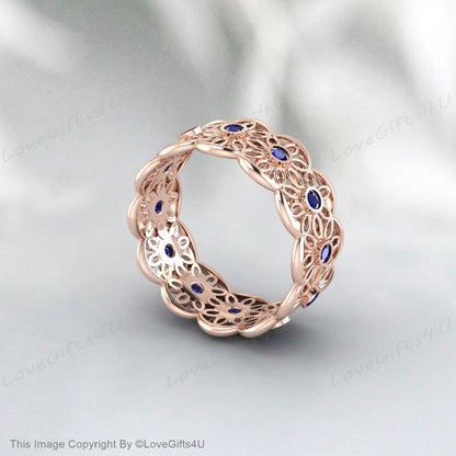 Sapphire Daisy Flower Wedding Band Silver Unique Engagement Ring