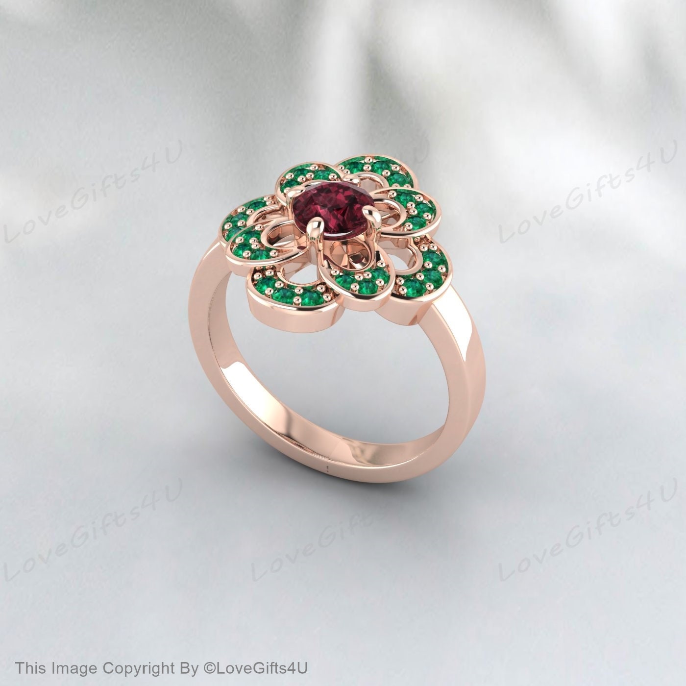 Red Rhodolite Garnet Green Emerald Flower Ring Bridal Engagement Ring