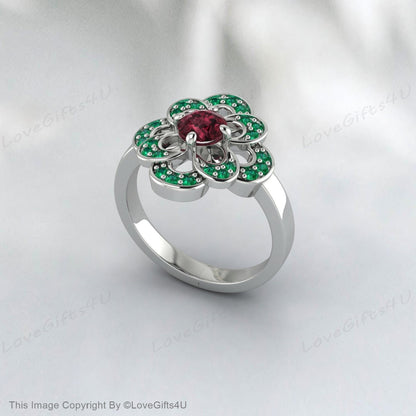 Red Rhodolite Garnet Green Emerald Flower Ring Bridal Engagement Ring