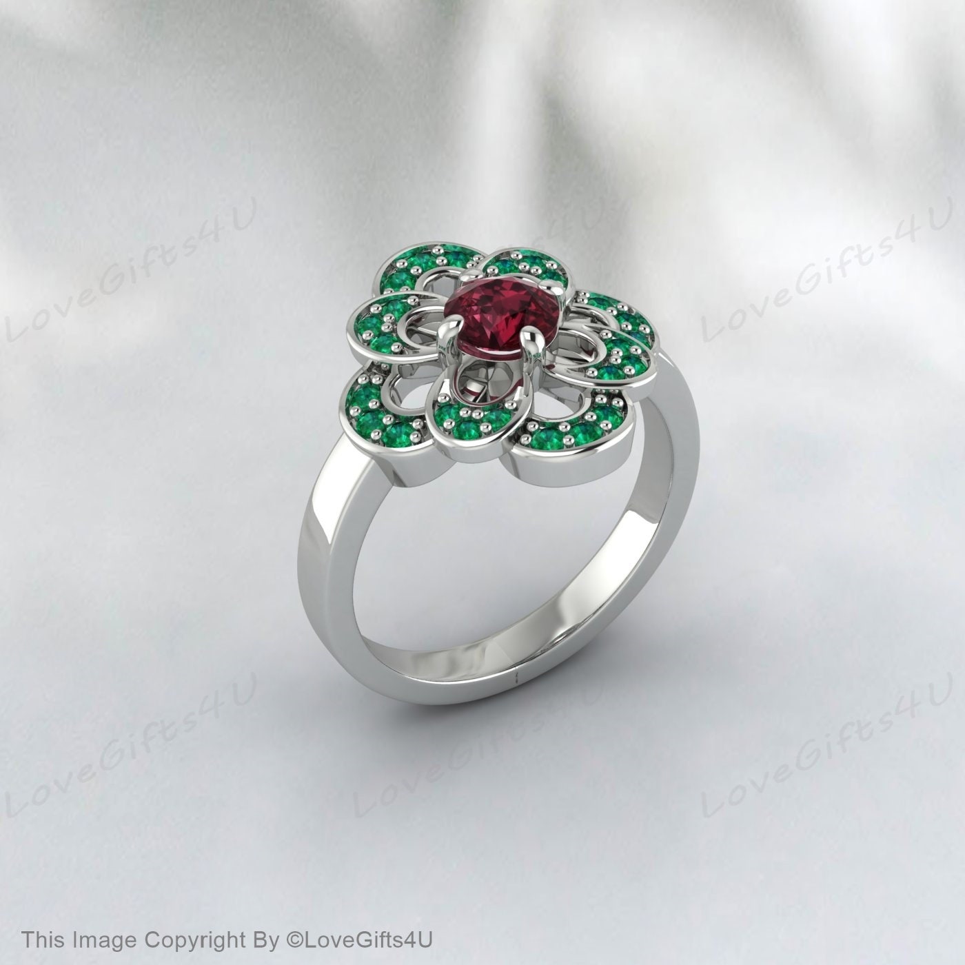 Red Rhodolite Garnet Green Emerald Flower Ring Bridal Engagement Ring