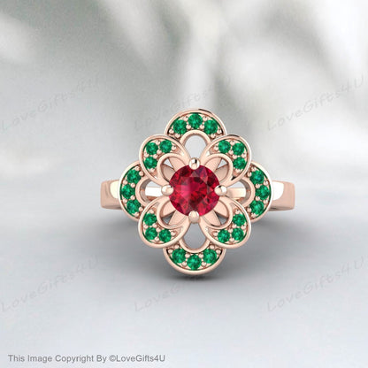 Round Ruby Ring Emerald Silver Engagement Ring Wedding Gift For Her