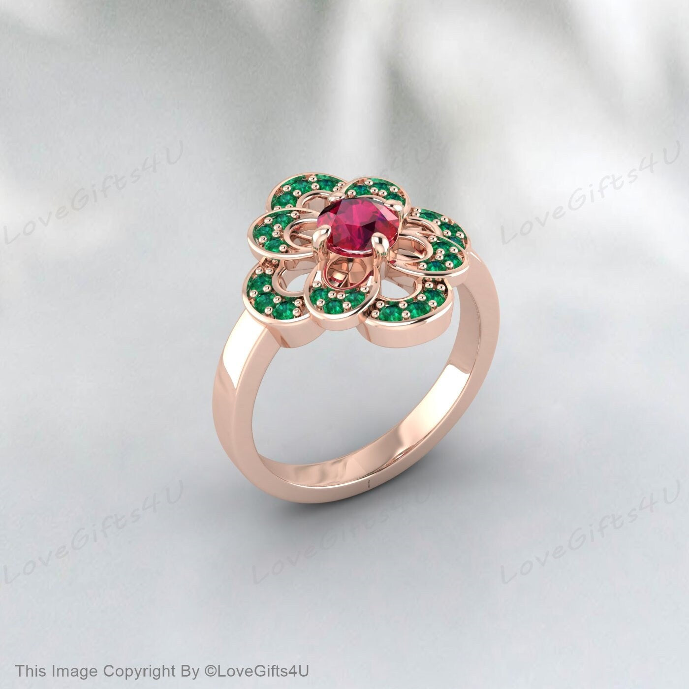 Round Ruby Ring Emerald Silver Engagement Ring Wedding Gift For Her