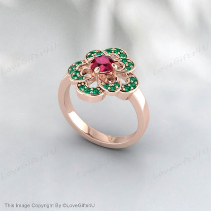 Round Ruby Ring Emerald Silver Engagement Ring Wedding Gift For Her