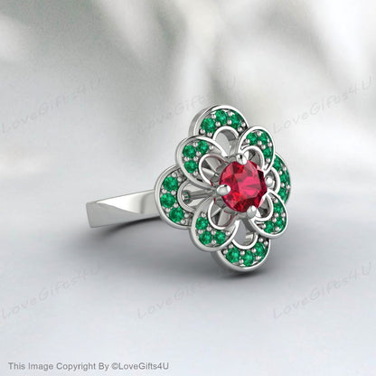 Round Ruby Ring Emerald Silver Engagement Ring Wedding Gift For Her