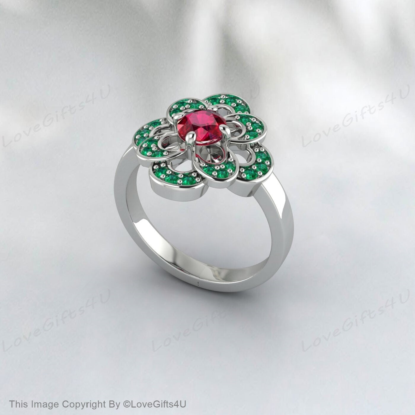 Round Ruby Ring Emerald Silver Engagement Ring Wedding Gift For Her