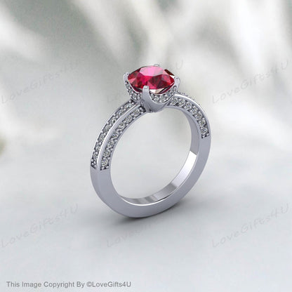 Bague de fiançailles demi-éternité rubis taille ronde, bague de promesse de mariée