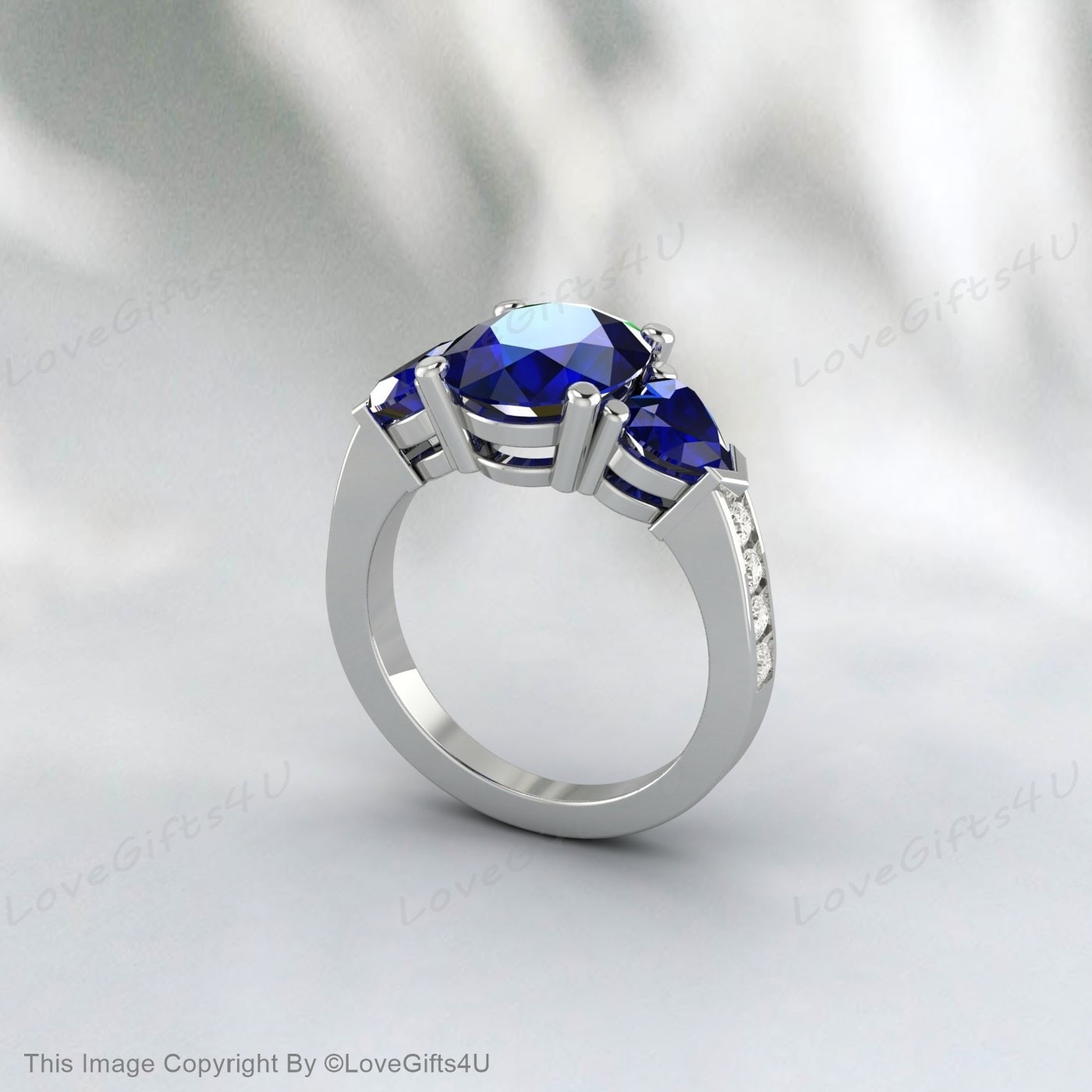 Silver Blue Sapphire Oval Cut September Birthstone Engagement Ring