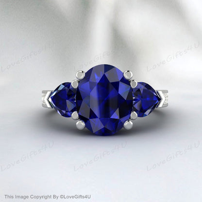 Silver Blue Sapphire Oval Cut September Birthstone Engagement Ring