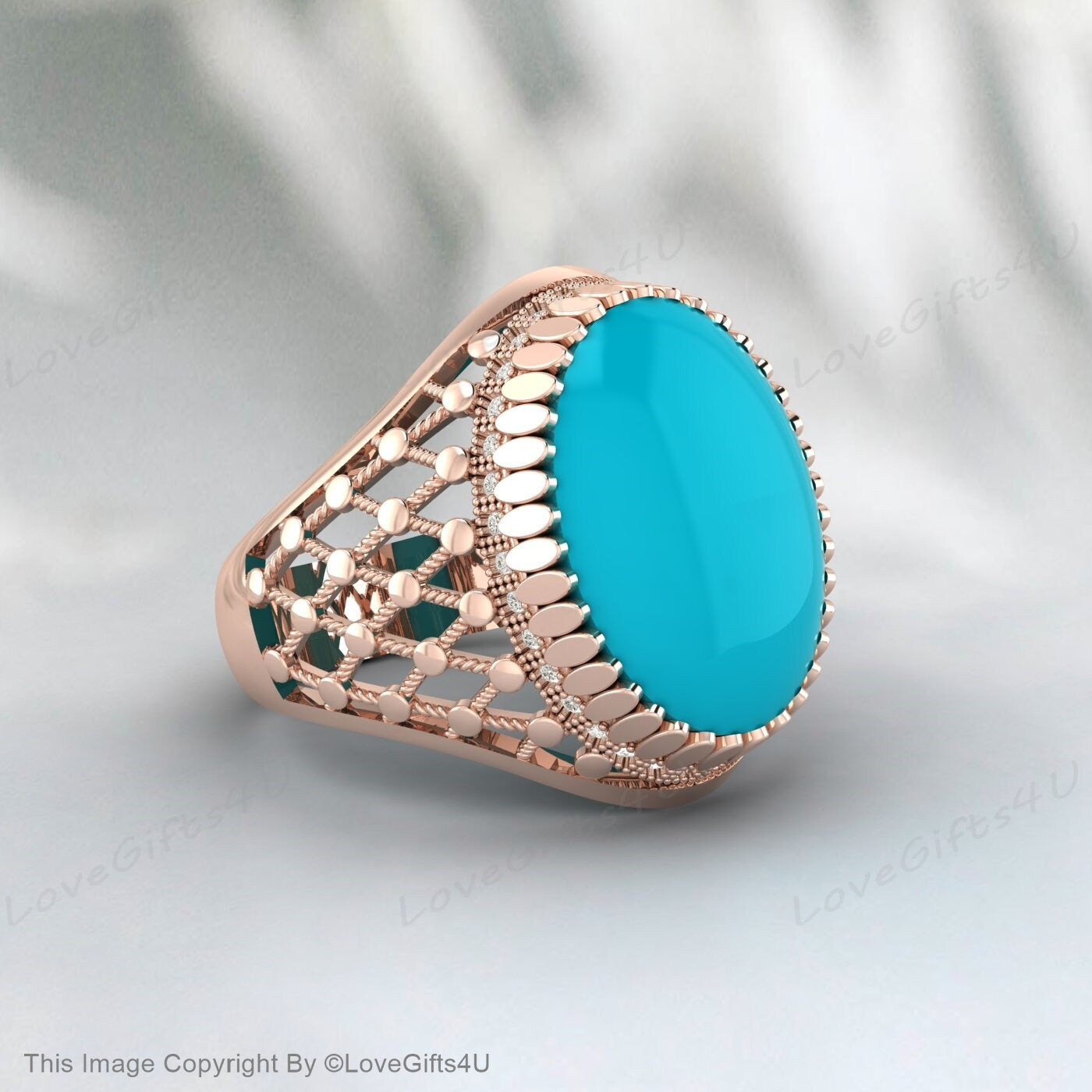 Men Big Turquoise Ring Nishapuri Natural Feroza Silver Filligree Ring