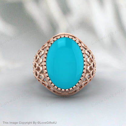 Men Big Turquoise Ring Nishapuri Natural Feroza Silver Filligree Ring