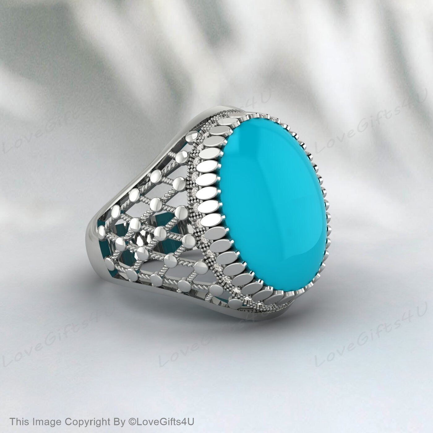 Bague homme grande Turquoise Nishapuri naturel Feroza argent filigrane bague