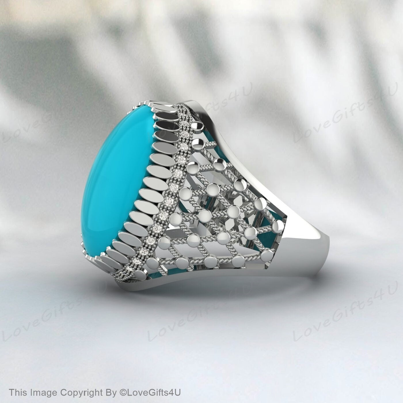 Men Big Turquoise Ring Nishapuri Natural Feroza Silver Filligree Ring