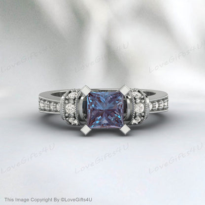 Princess Cut Alexandrite Ring Unique Alexandrite Engagement Ring