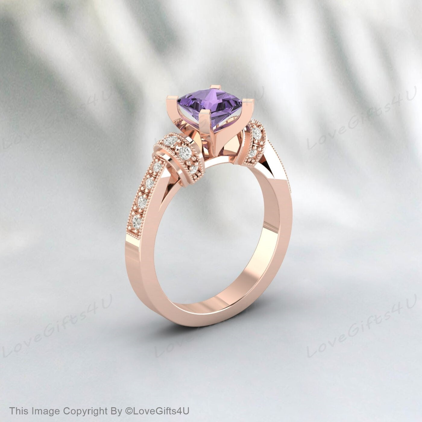 Bague d'améthyste taille princesse, bague de fiançailles, cadeau d'anniversaire pour elle