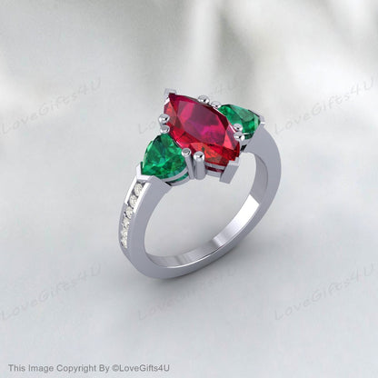 Trillion Emerald Ring Marquise Ruby Engagement Ring Anniversary Ring