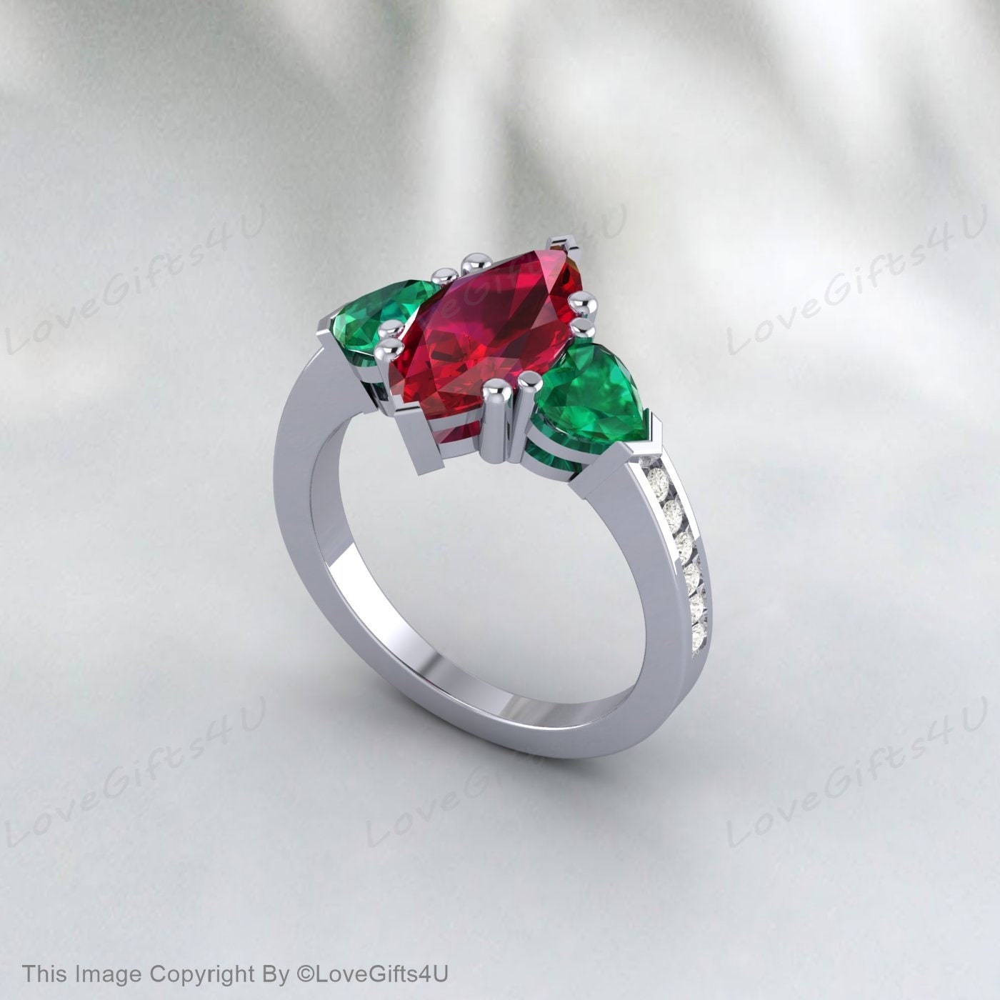 Trillion Emerald Ring Marquise Ruby Engagement Ring Anniversary Ring