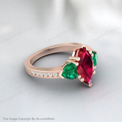 Trillion Emerald Ring Marquise Ruby Engagement Ring Anniversary Ring