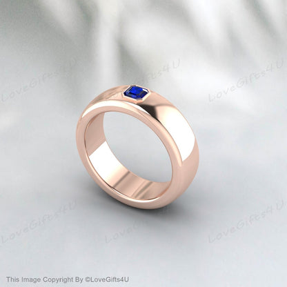 Princess Cut Blue Sapphire Cobalt Ring, Brushed Beveled Cobalt Wedding Band, Mens Cobalt Anniversary Band Comfort Fit