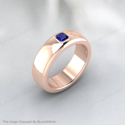 Princess Cut Blue Sapphire Cobalt Ring, Brushed Beveled Cobalt Wedding Band, Mens Cobalt Anniversary Band Comfort Fit