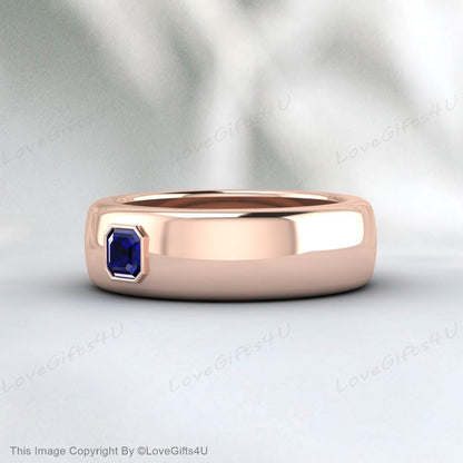 Princess Cut Blue Sapphire Cobalt Ring, Brushed Beveled Cobalt Wedding Band, Mens Cobalt Anniversary Band Comfort Fit