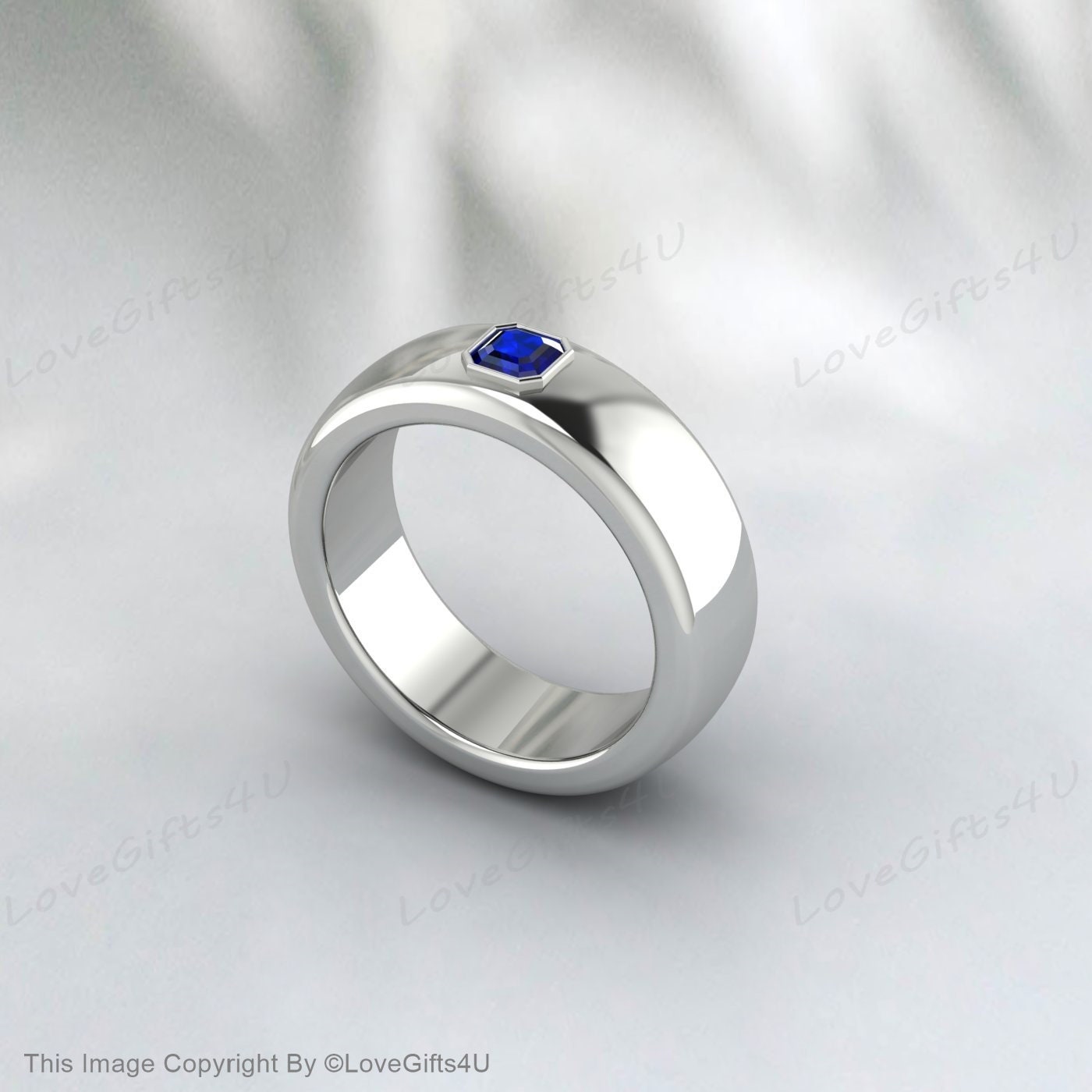 Princess Cut Blue Sapphire Cobalt Ring, Brushed Beveled Cobalt Wedding Band, Mens Cobalt Anniversary Band Comfort Fit