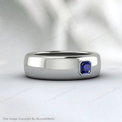 Princess Cut Blue Sapphire Cobalt Ring, Brushed Beveled Cobalt Wedding Band, Mens Cobalt Anniversary Band Comfort Fit