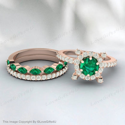 Emerald Ring Round Emerald Engagement Ring Set Halo Diamond Band