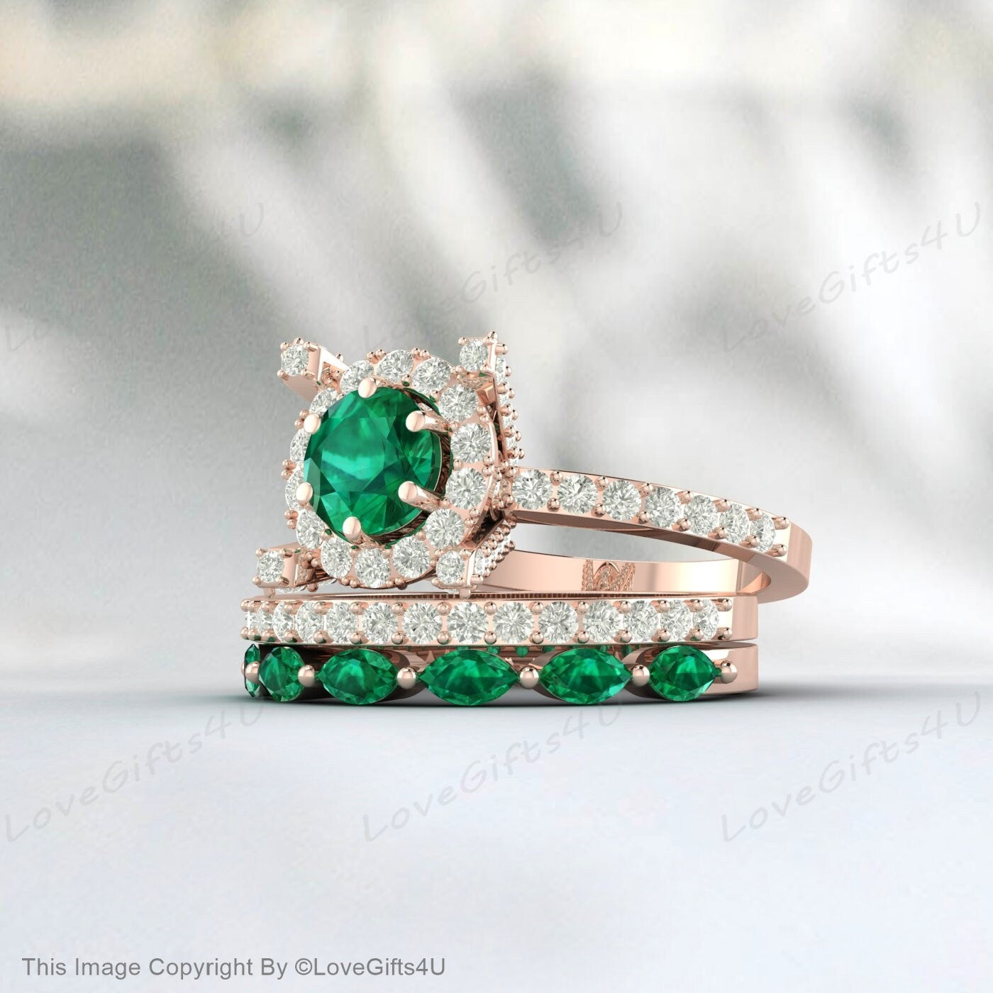 Emerald Ring Round Emerald Engagement Ring Set Halo Diamond Band