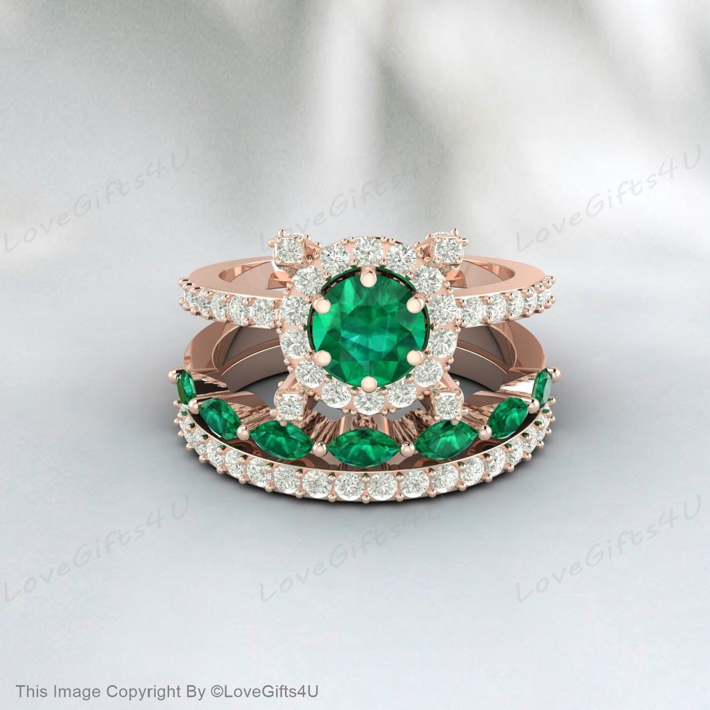 Emerald Ring Round Emerald Engagement Ring Set Halo Diamond Band