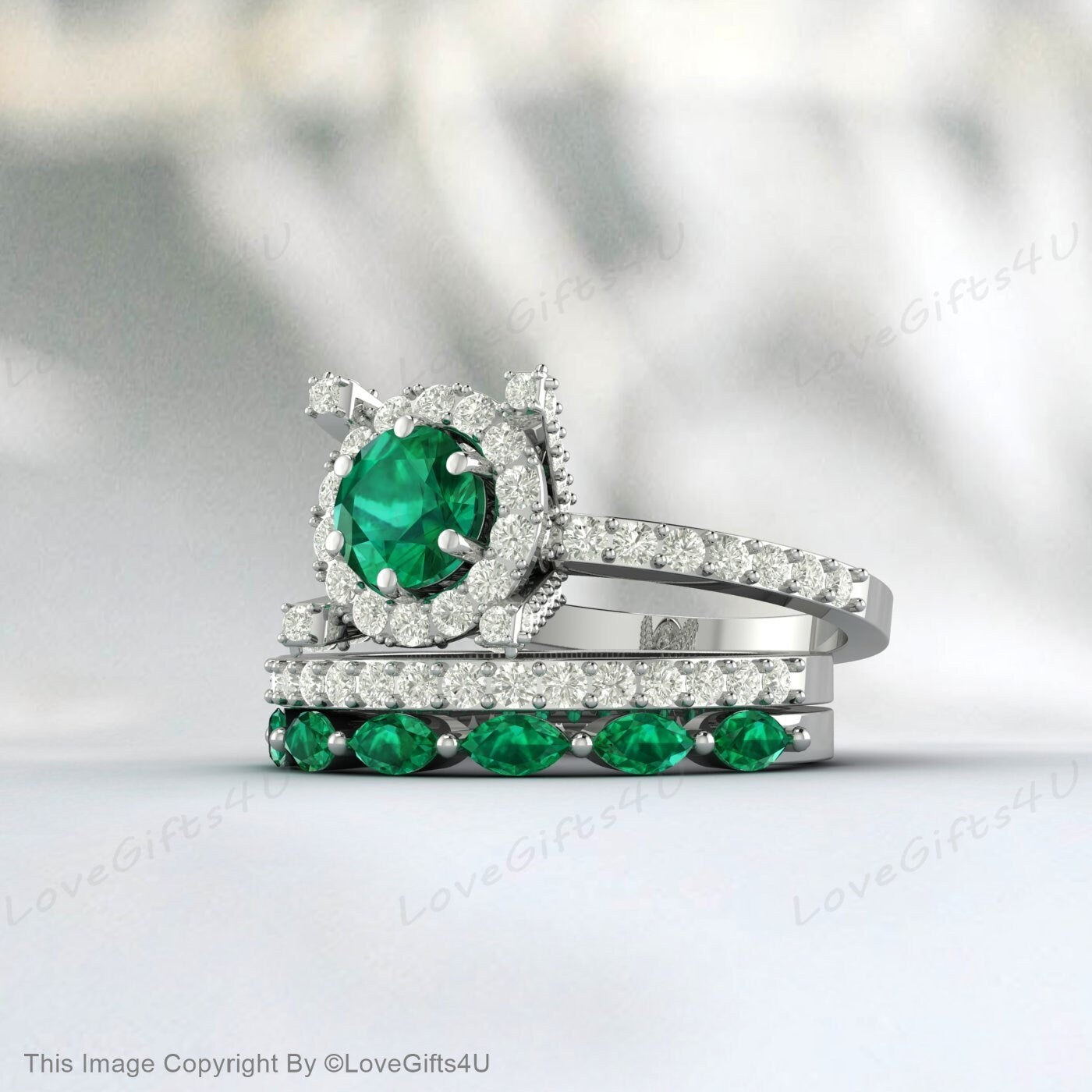 Emerald Ring Round Emerald Engagement Ring Set Halo Diamond Band