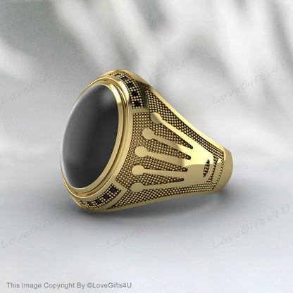 Black Onyx Handmade Mens Ring Vintage Ring Engraved Ring For Men